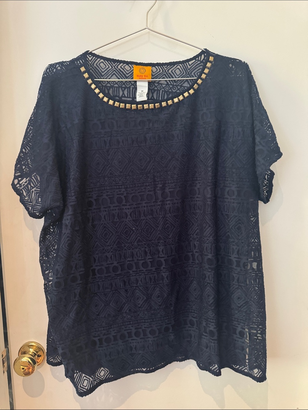 Ruby Rd. Navy Lace Overlay Top with Studded Neckline